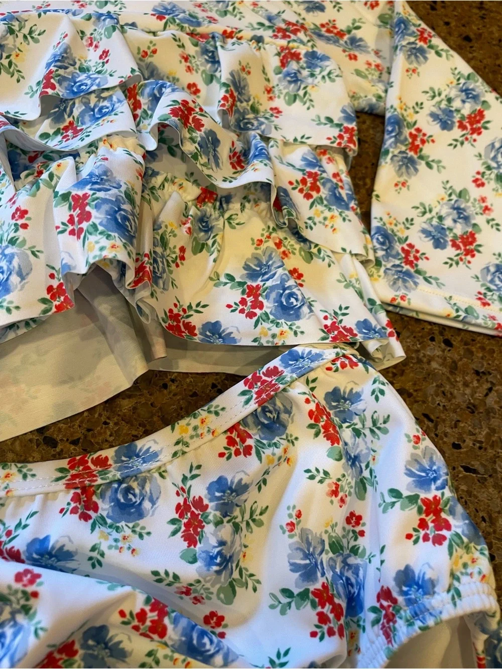 Janie and Jack Cream Floral 2 pieceRuffle Swim with Blue & Red Flowers
